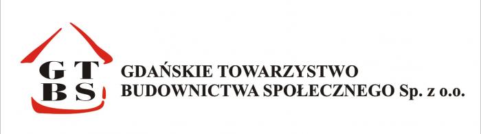 Logo Gdańskiego Towarzystwa Budownictwa Społecznego Sp. z o. o.  Litery GTBS zamknięte od góry dwoma skośnymi kreskami w formie dwuspadowego dachu i od dołu jedną kreską zamykającą bryłę domu 