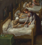 Fragment obrazu. Scena w szpitalu. Pod ścianą trzy łóżka w których leżą chorzy. Pierwszemu z nich kobieta podaje jedzenie. Na ścianie wiszą obrazy religijne. Obok łóżka stoi stolik, na nim naczynia.
