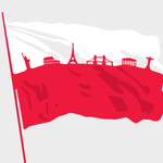 Grafika, biało-czerwona flaga Polski. Na niej symbole znanych budynków. Od lewej: Statua Wolności, Koloseum rzymskie, Wieża Eiffla, Most Brookliński, Partenon, Statua Chrystusa w Rio de Janeiro.