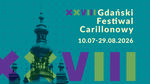 Baner promujący XVIII Gdański Festiwal Carillonowy. Na turkusowym tle z kolorowymi elementami graficznymi widnieje nazwa wydarzenia oraz termin: 10 lipca–29 sierpnia 2026.