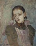 Obraz, portret młodej dziewczyny, córki Malczewskiego. Ma smutny, melancholijny wyraz twarzy. spuszczony wzrok.