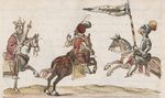 Grafika historyczna. Trzy postaci jadą konno, białe tło. Postać w środku obrócona tyłem. Z lewej król trzymający berło, z prawej rycerz z flagą.