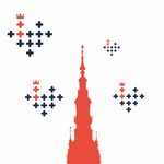 Grafika. Czerwony szczyt wieży na białym tle. Wokół unoszą się cztery serca, złożone z czerwonych i niebieskich krzyżyków, logo Muzeum Gdańska.