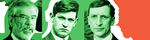 Poziomy plakat. Portrety trzech mężczyzn, zabarwione na zielono. Z prawej pomarańczowy detal.