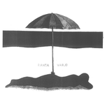 Grafika, postać leży na brzuchu, trzyma głowę na skrzyżowanych ramionach. Nad nią rozłożony parasol. Białe tło przecina czarny pasek. Scena plażowa.