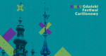 Grafika. Zdjęcia dwóch wież, w których znajduje się carillon, Ratusza Głównego Miasta i kościoła św. Katarzyny. W prawym górnym rogu napis 24 Gdański Festiwal Carillonowy. Tło turkusowe, pokryte deseniem w krzyżyki.