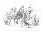 Rysunek ołówkiem. Pośrodku stoi fortepian, a wokół niego postaci: kobieta w szacie, orzeł, mężczyzna ze skrzydłami huzara.