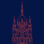 Grafika. Kontur budynku Wielkiej Synagogi w Gdańsku. Pomarańczowe linie, granatowe tło.