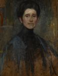 Obraz. Autoportret Olgi Boznańskiej. Dojrzała kobieta w czarnej sukni na ciemnym tle.