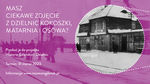 Grafika do promocji zbiórki zdjęć. Na fioletowym tle napisy informacyjne, po prawej stronie w kółku archiwalne zdjęcie z otwarcia dworca w Kokoszkach.