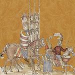 Grafika. Trzech mężczyzn jedzie konno, trzymają w górze flagi. Przed nimi dwóch pieszych i jeździec z instrumentami.