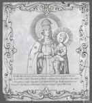 Zdjęcie plakiety srebrnej. Wygrawerowane postaci. Matka Boska z młodym Jezusem na ręku. Pod spodem napis dziękczynny.