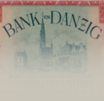 Grafika. Napis Bank von Danzig, poniżej widok na ulicę Długi Targ i Ratusz Głównego Miasta.