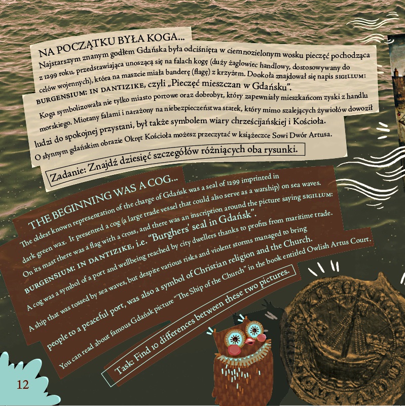 Strona ze środka książki. Tekst w dwóch językach. W dole strony rysunkowa sowa, obok pieczęć ze statkiem kogą, pierwszym herbem Miasta Gdańska.