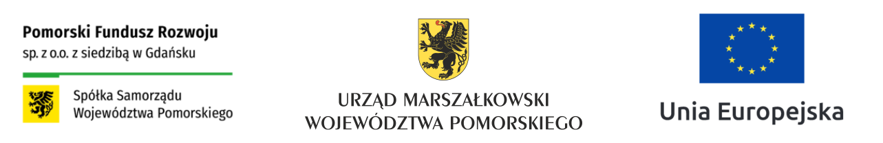 Grafika. Od lewej do prawej logotypy Pomorskiego Funduszu Rozwoju, Urzędu Marszałkowskiego Województwa Pomorskiego i Unii Europejskiej. 
