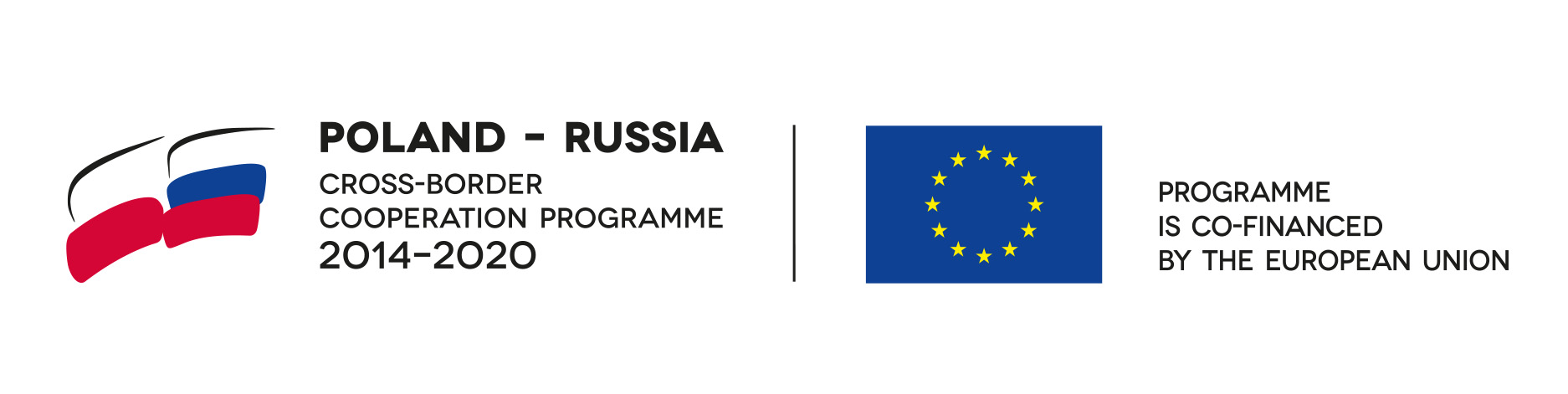 Flagi Polski, Rosji i Unii Europejskiej. Napis: transgraniczny program współpracy. Program współfinansowany przez Unię Europejską.