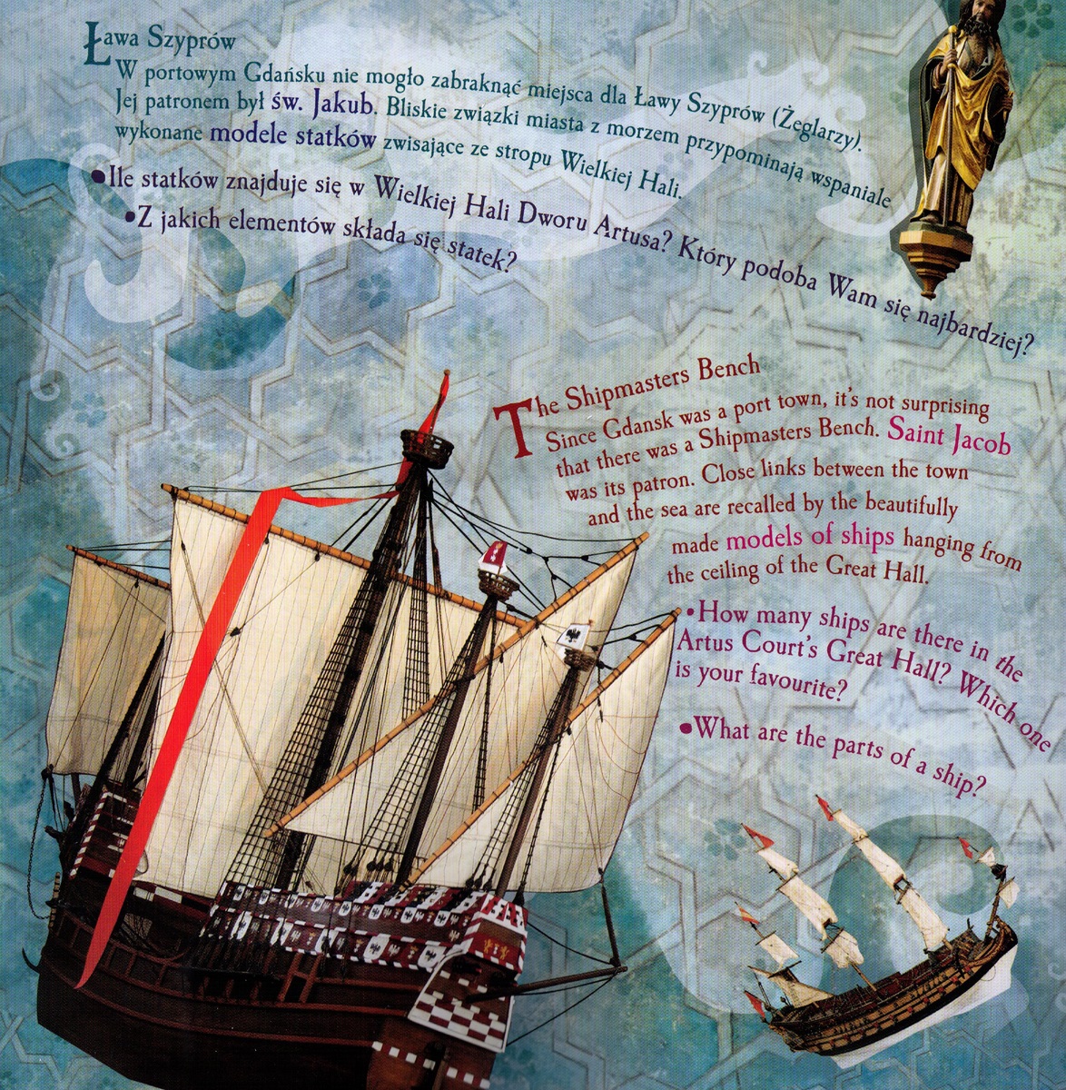 Strona książki Sowi Dwór Artusa. Zdjęcia modeli statków oraz rzeźby św. Jakuba. Pomiędzy nimi opis Ława Szyprów w trzech językach.