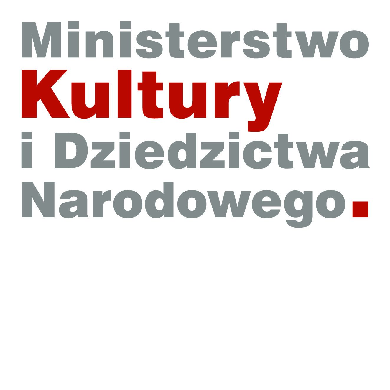 Logo Ministerstwa Kultury i Dziedzictwa Narodowego. Szare litery na białym tle. Wyraz kultura ma kolor czerwony.