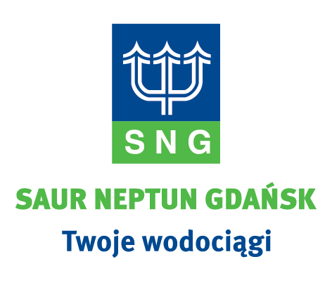 Logo Saur Neptun Gdańsk. Logo wpisane w prostokąt, dolna belka zielona z białymi literami SNG. Powyżej na niebieskim tle biały trójząb.