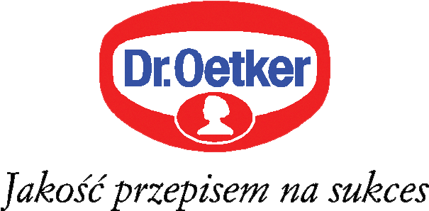 Logo Dr. Oetker. Czerwone obramowanie, białe tło, wewnątrz niebieski napis Dr. Oetker. Pod nazwą, częściowo na otoku ideowy czerwony medalion z białym profilem postaci. 