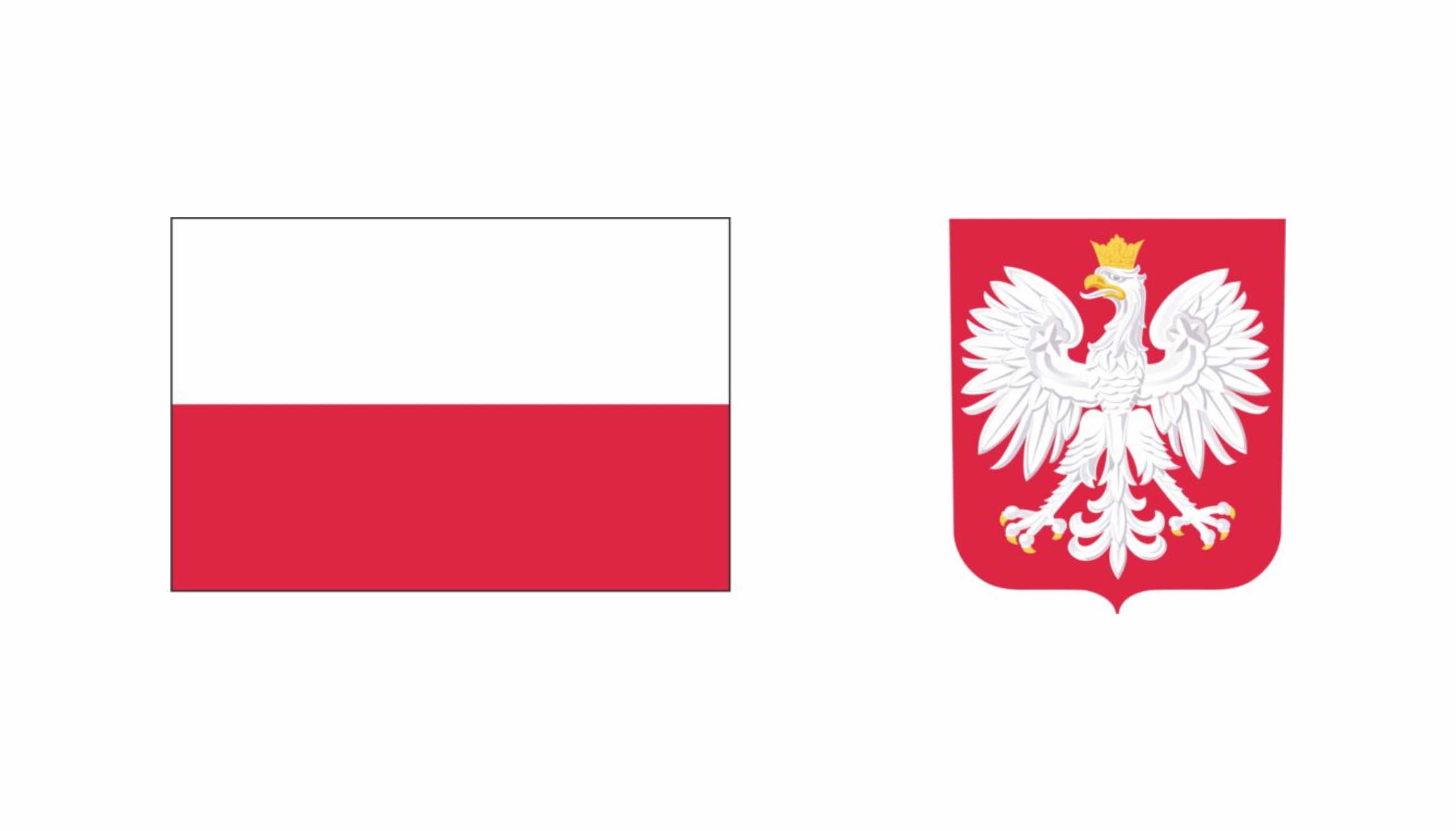 Po lewej Flaga i po prawej godło Rzeczpospolitej Polskiej 