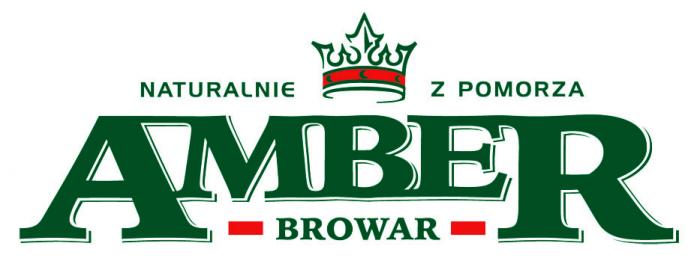 Logo Browaru Amber. Główny element stanowi wyraz AMBER, nad nim 'NATURALNIE Z POMORZA; poniżej BROWAR. Litery zielone