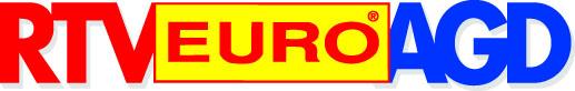 Logo RTV EURO AGD. RTV czerwone z lewej, AGD po prawej niebieskie. Pośrodku czerwony Napis EURO w ramce na żółtym tle z czerwonym obramowaniem.