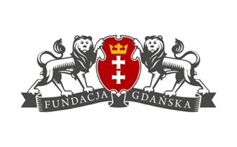 Logo Fundacji Gdańskiej. Stylizowane na herb Gdańska, na wstędze pod herbem Fundacja Gdańska