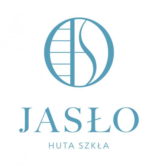 Logo Huty Szkła Jasło. Biały okręg z wpisanymi literami na transparentnym tle.