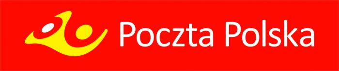 Logo Poczty Polskiej. Od lewej na czerwonym tle: ideowy rysunek trąbki pocztowej w kolorze żółtym, obok biały tekst Poczta Polska.