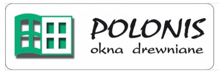 Logo Polonis Okna Drewniane. Od lewej otwarta księga z okładkami w kształcie czwórdzielnej ramy okiennej i białej karty tego samego kształtu. Obok czarnym tekstem nazwa firmy.