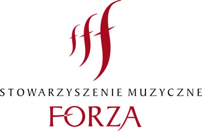 Logo Stowarzyszenia Muzycznego FORZA. Logo sklada się z trzech liter f obok siebi, rosnących od lewej, czerwonych. Poniżej nazwa czarnym tekstem, Wyróżniony wyraz FORZA kolorem czerwonym. Tło biale.
