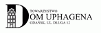 Logo Towarzystwa Domu Uphagena. Czarny tekst w trzech wersach z dominującą nad całością literą D. Trzon litery D gruby z wyobrażeniem Domu Uphagena. 