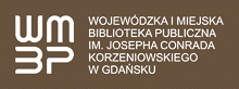Logo Wojewódzkiej i Miejskiej Biblioteki Publicznej w Gdańsku. Cztery litery w obrysie kwadratu, W u góry i BP poniżej. Obok pełna nazwa biblioteki. Tekst biały, tło brązowe.